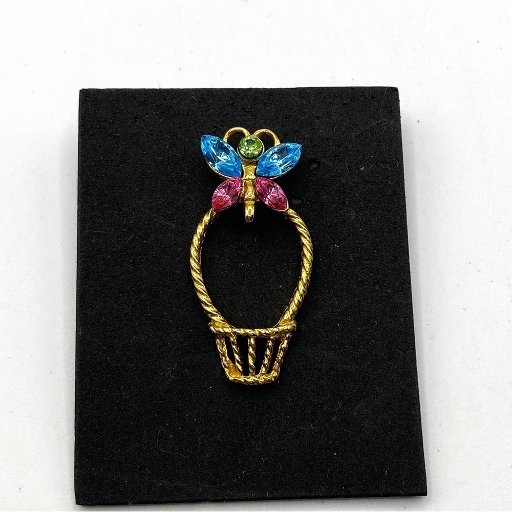 Butterfly Basket Vintage Rhinestone Gold Tone Butterfly Lapel Hat Pin